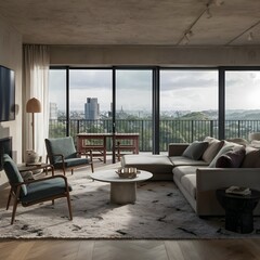 beautiful modern living room design by a architect in a apartment with view on the city 