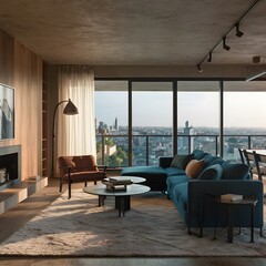 beautiful modern living room design by a architect in a apartment with view on the city 