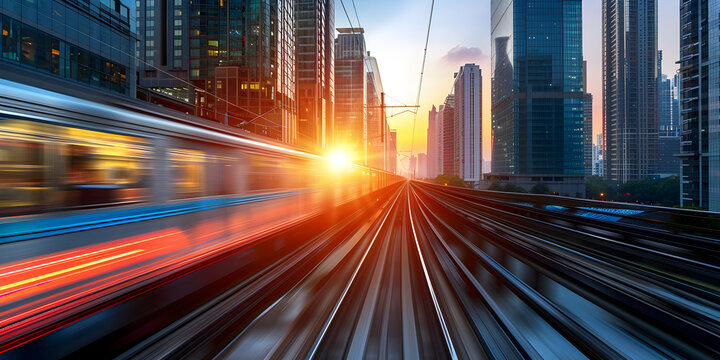 A train runs through a city with a city in the background, A remarkable image of futuristic transportation illustrating the seamless blending of advanced vehicles and urban infrastructure.

