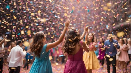A vibrant and lively celebration filled with colorful confetti raining down from the sky, creating a mesmerizing display of joy and excitement.