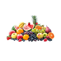 Fruit and vegetables, various types of fruit including watermelon, pineapple, oranges, apples, grapes and banana, melon, black turmeric root, red beans, fresh produce, bright colors, white background