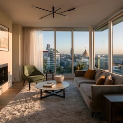 beautiful modern living room design by a architect in a apartment with view on the city 