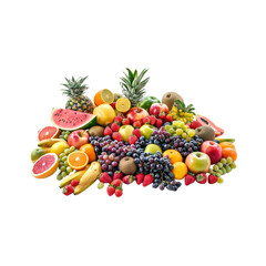 Naklejka na ściany i meble Fruit and vegetables, various types of fruit including watermelon, pineapple, oranges, apples, grapes and banana, melon, black turmeric root, red beans, fresh produce, bright colors, white background