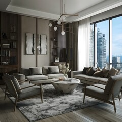 beautiful modern living room design by a architect in a apartment with view on the city 