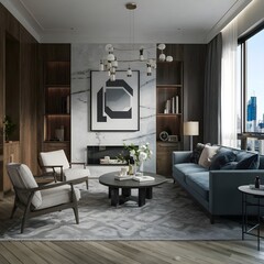 beautiful modern living room design by a architect in a apartment with view on the city 