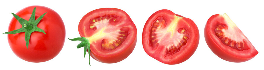 Tomatoes with leaves, half and piece tomato isolated, transparent PNG, PNG format, juicy