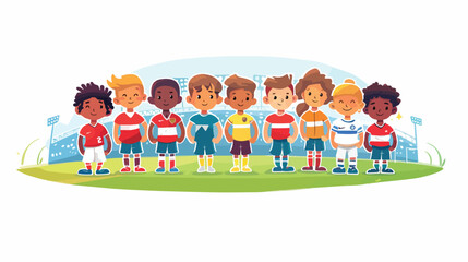 Obraz na płótnie Canvas Cartoon soccer kids team at a stadium flat vector isolated