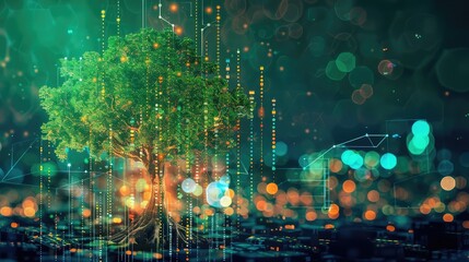 Fintech concept - a tree whose trunk and branches are made of rising financial graphs and currency symbols - obrazy, fototapety, plakaty