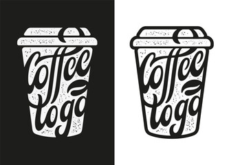 Coffee take away emblem. Coffee to go hand drawn typography. Coffee shop logo label badge template. Vector vintage illustration.