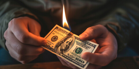 Dollar bill in fire flame in hands of mature adult male man. Bankruptcy, depreciation, devaluation, waste of money, Inflation, hyperinflation, dollar stagflation, decreasing purchasing power