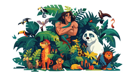 Cartoon tarzan with animals in the jungle flat vector