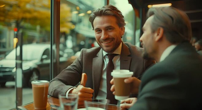 
Happy business men in suits are talking showing thumbs-up and drinking coffee in cafe. Communication, lunch break and businesspeople concept