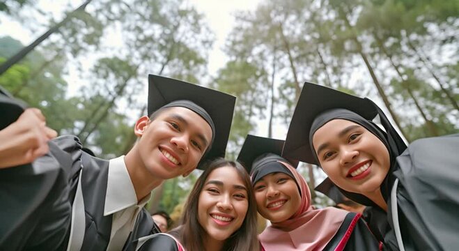 Happy people, friends and selfie in graduation, photography or memory for achievement together at campus. Group of students smile for picture, photograph or social media in diploma, degree or award