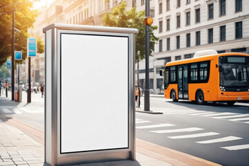 Vertical blank white billboard at bus stop on city street, blurred background - Mockup