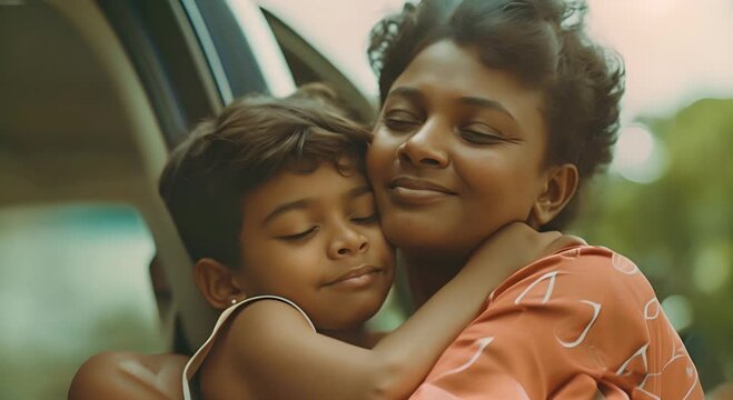 Handheld tracking shot of young Sri Lankan mother with short hair sitting in car and hugging her 13-year-old schoolboy before he leaves the school