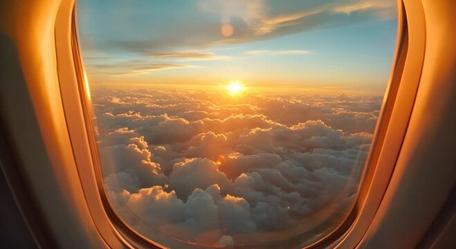 Aerial view of sunrise through airliner window in the morning. Aerial view of Cloudscape in dawn through plane window