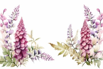 watercolor of foxglove clipart with tall spires of colorful flowers. flowers frame, botanical border, Design wedding love cards shop.