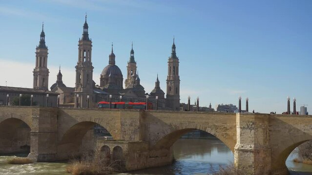 Stone Bridge over Ebro river and Pilar Cathedral in Zaragoza, Spain