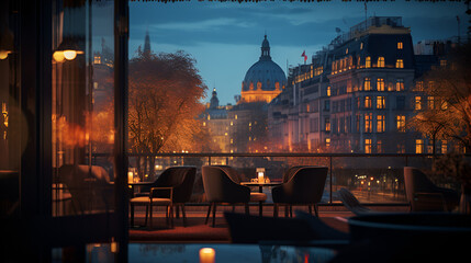 Beautiful empty Paris cafe in sunset EIffel Tower on background,
 - obrazy, fototapety, plakaty