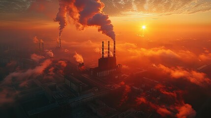 Industrial power plant with thick CO2 smoke from chimney. Pollution and carbon dioxide emissions footprint from fossil fuel burning. Global warming cause and urban environment problem from factories - obrazy, fototapety, plakaty