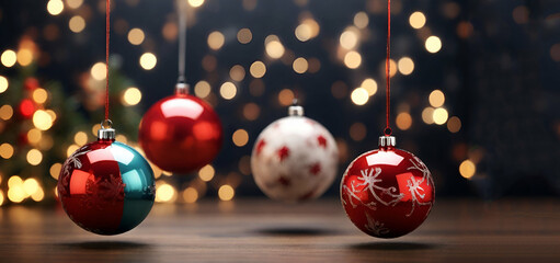  : Christmas Holiday Background.Christmas card with colourful Christmas baubles and forest in the background Card panorama and text free space Copyspace decoration winter in Stuttgart, Germany genreat