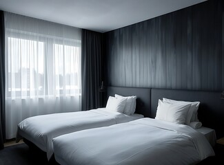 Sleek and modern hotel room with two beds, dark gray headboard, white walls, window with curtains, minimalist furniture, soft lighting, high resolution photography in the style of photography