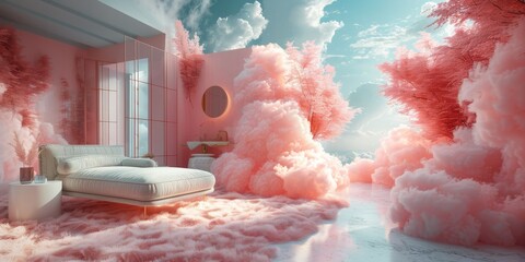 Surreal 3D render of a dreamy, cloud-like home decor display with floating, ethereal furniture pieces and a serene, pastel-hued atmosphere - obrazy, fototapety, plakaty