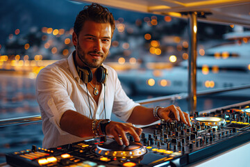 man DJ mixing music on console mixer at a luxury private yacht party in summer at night