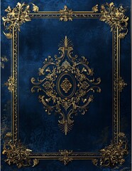Ornate Dark Blue Book Cover with Central Gold Emblem
