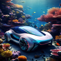 A stylish, elongated EV blends seamlessly with a lively coral reef. Dive into the Future of EV Designs!