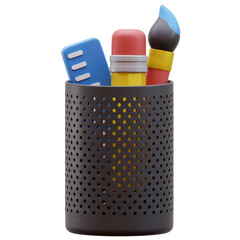 3D illustration of pencil case. 3D render of pencil case student. 3d pencil cup icon. pencil case 3d icon.