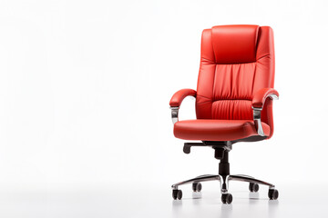 a red leather office chair with wheels isolated on a white background
