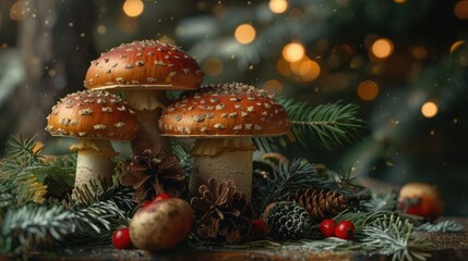 Fresh boletus edulis mushrooms with spruce bunch and cones on rustic woden table - obrazy, fototapety, plakaty