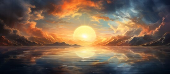 Scenic artwork featuring a serene sunset casting vibrant colors over a calm lake, framed by...