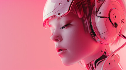 Girl character design. Cute Cyborg face woman technology on pink background with Generative Ai.