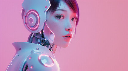 Girl character design. Cute Cyborg face woman technology on pink background with Generative Ai.