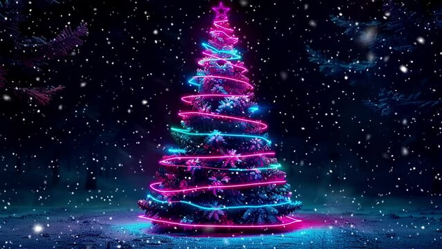 Christmas tree. Looped Christmas snow. Midnight snowfall. Neon. Noel. Loop. Generative AI.