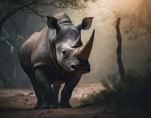 Foto op Plexiglas Cinematic photo of a rhino standing with blurred nature background © Venice