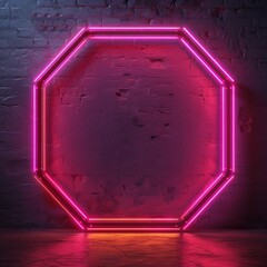 A bold, bright neon frame in magenta, fashioned into an intricate octagonal design, standing out sharply against an ultra-dark, minimalist background - obrazy, fototapety, plakaty