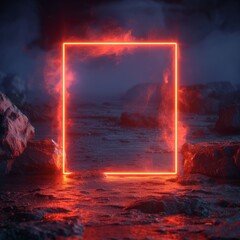 A bold, red neon rectangle frame, radiating a warm, intense light, set in stark isolation on a background of deep darkness