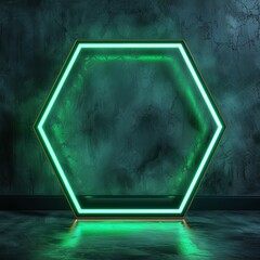 A bright green hexagonal neon frame, standing out with its vibrant glow, isolated against a shadowy, dark canvas