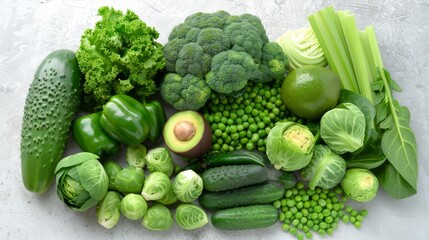 Fresh green vegetables variety on a rustic white background from overhead, broccoli, celery, avocado, brussels sprouts, kiwi, peppers, peas, beans, lettuce
