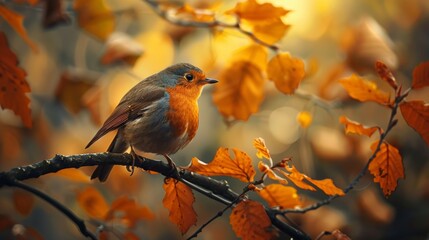 Robin in the autumn forest. Photo in old color image style.