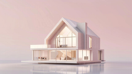 A 3D Max contemporary miniature house with a bold gabled structure, presented on a soft pastel pink background to contrast its modern sharp angles and innovative design.