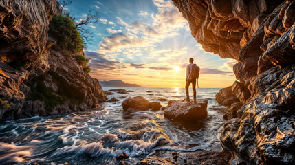 Man standing on rock and looking at sunset in the cave of the sea