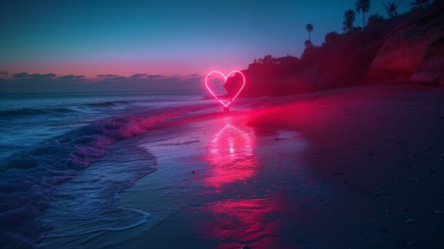 A deep magenta neon circle, centered over a dark, serene lake, its reflection shimmering in the water, merging tranquility with a vibrant glow.