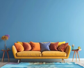 Sofa with colorful pillows and side tables against a blue wall in a living room interior, 