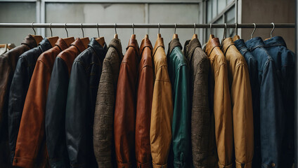 Various vintage jackets on a clothing rack in a second hand shop. AI generated