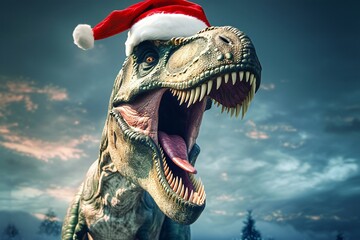 Dinosaur with santa claus hat on cloudy sky background