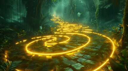 A labyrinth of yellow neon lines, weaving through a dense, shadowy jungle, illuminating the intricate patterns of natureâ€™s own design.